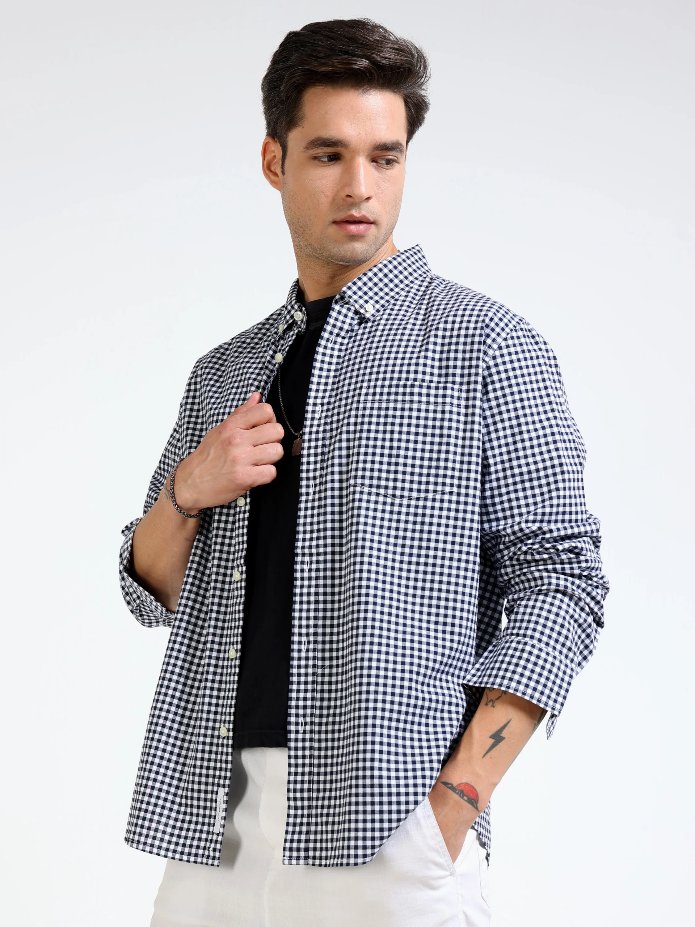 Men Black & White Check Shirt - Image 2