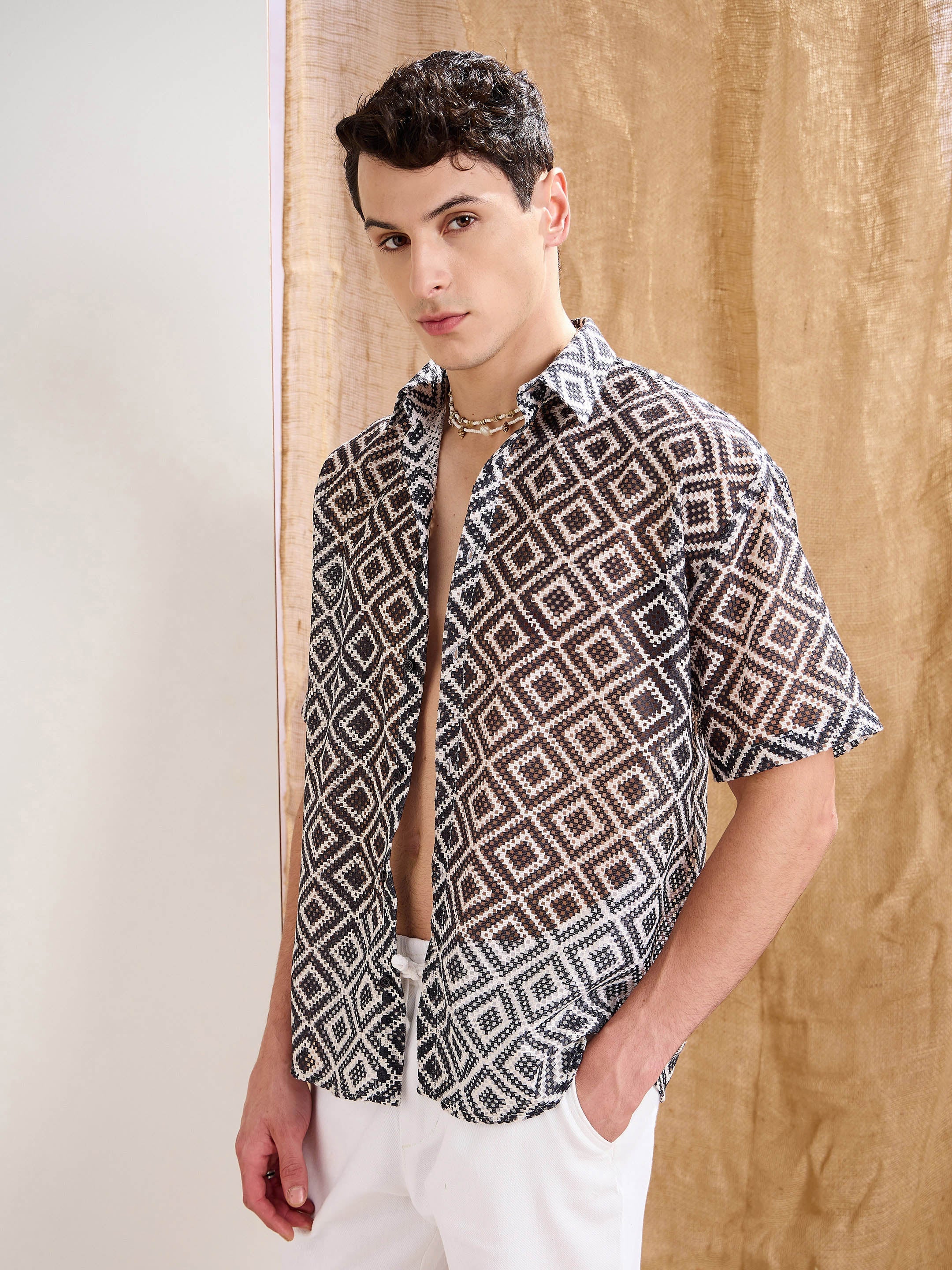 Men Black & White Geometric Print Crochet Shirt - Image 3