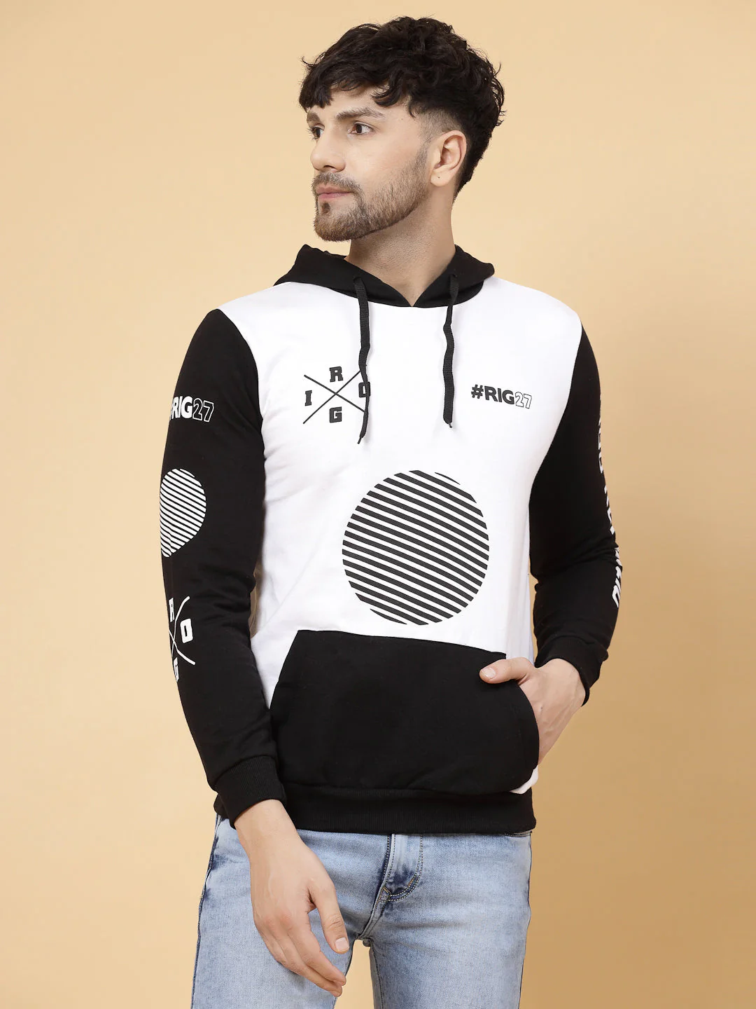 Men Black White Printed Hooded Fleece Full Sleeve Sweatshirt - Image 2