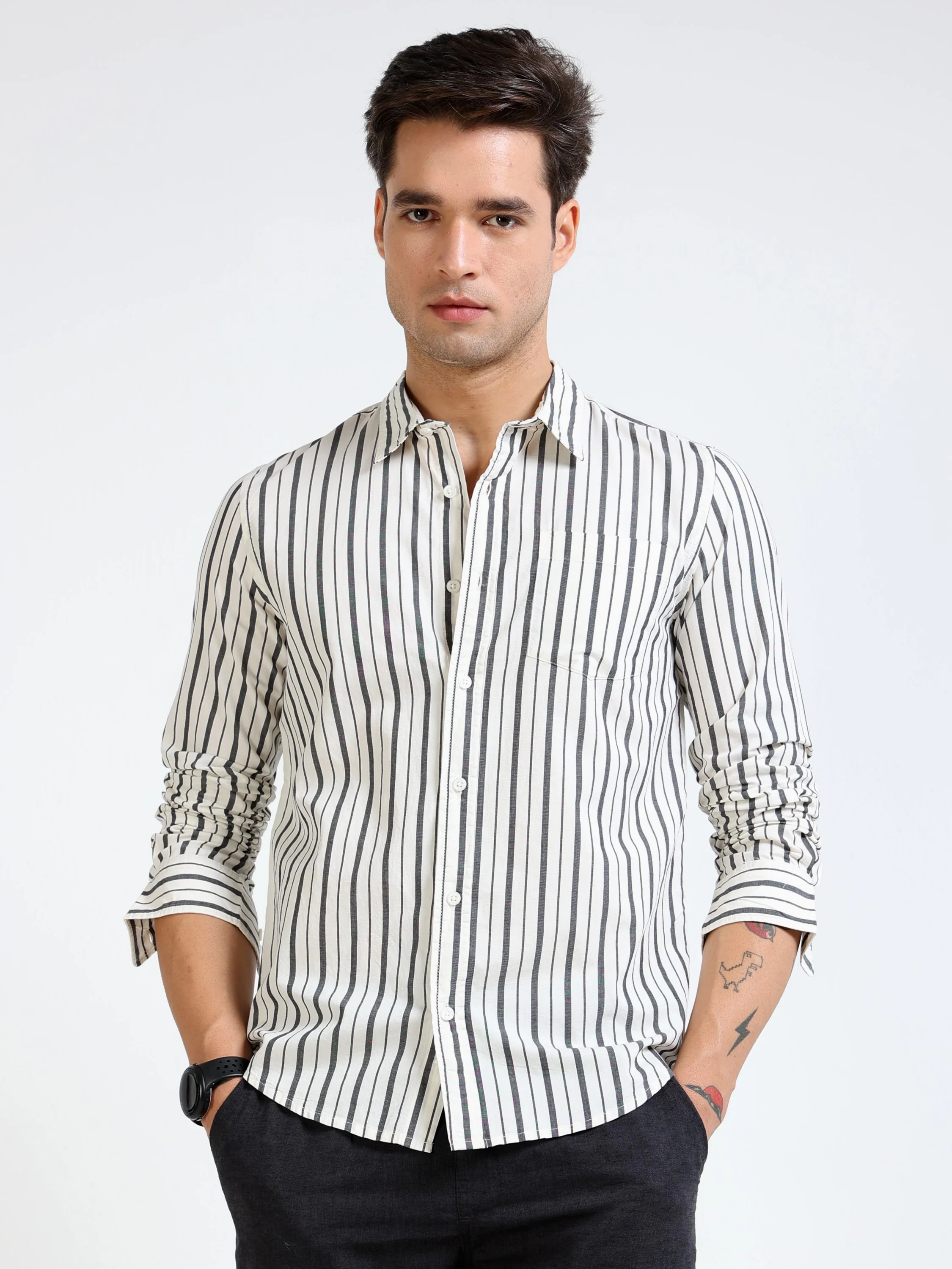 Men Black & White Stripe Shirt - Image 4