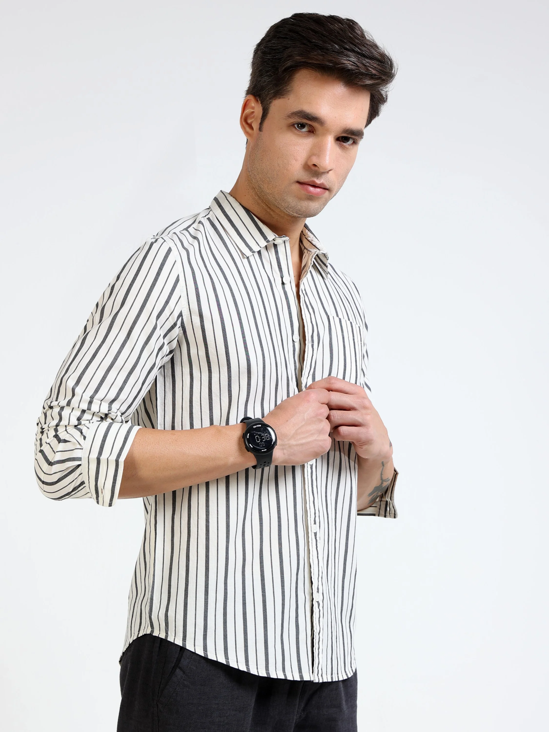 Men Black & White Stripe Shirt - Image 7