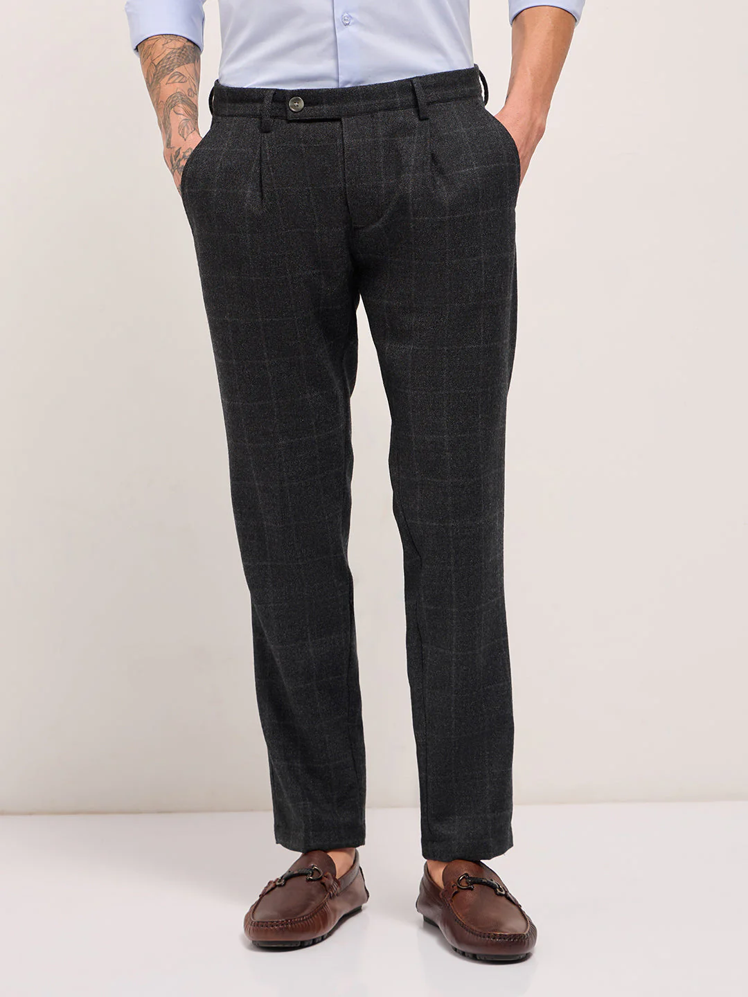 Men Black Woven Checked Design Regular Fit Formal Trousers - Image 7