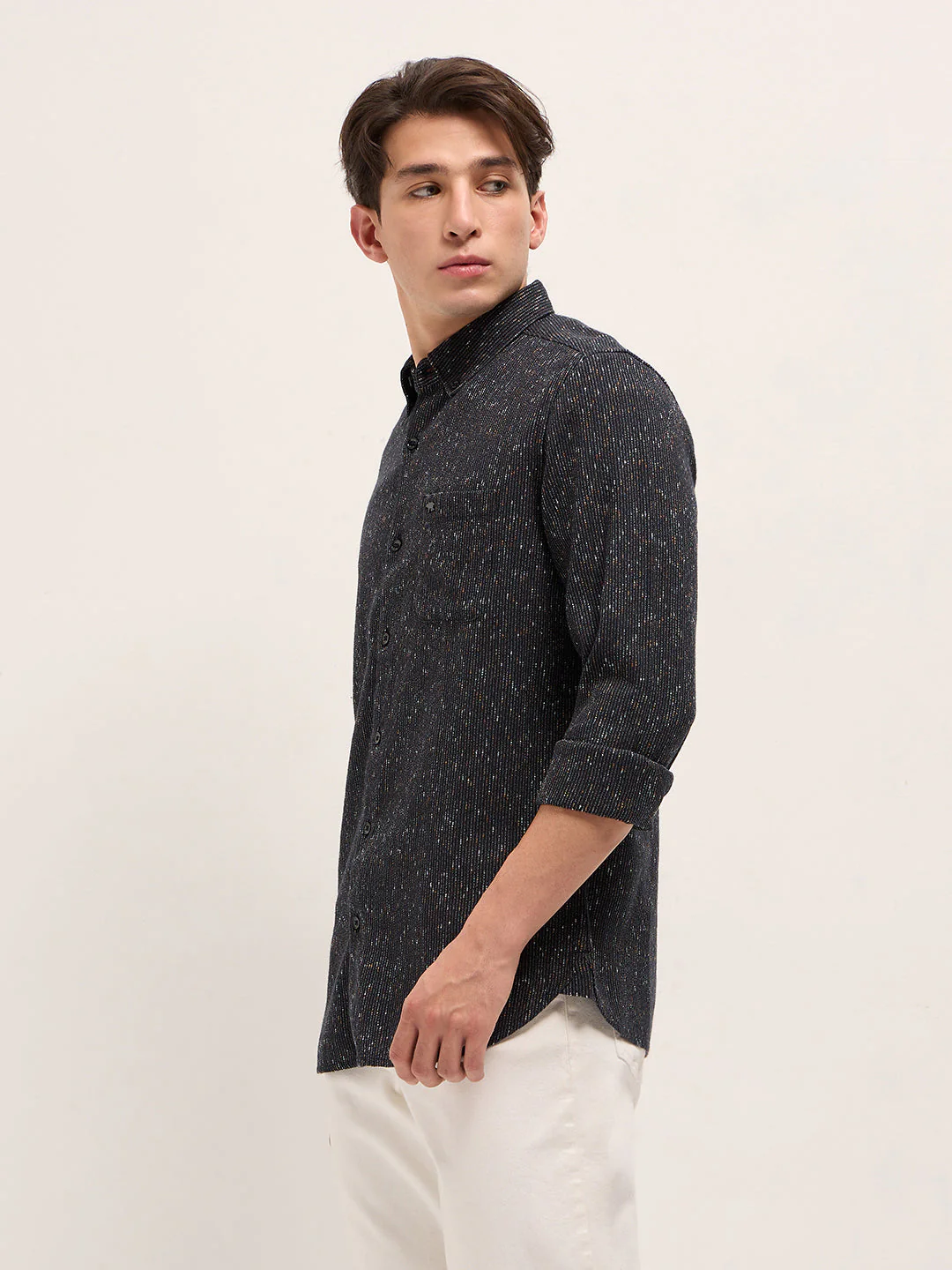 Men Black Woven Design Cotton Blend Slim Fit Casual Shirt - Image 3