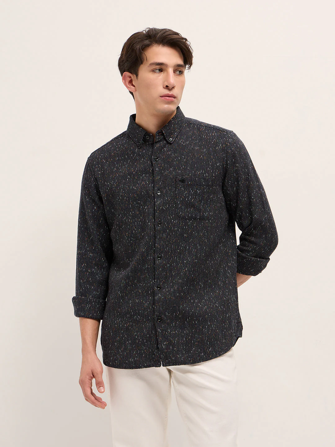 Men Black Woven Design Cotton Blend Slim Fit Casual Shirt - Image 6