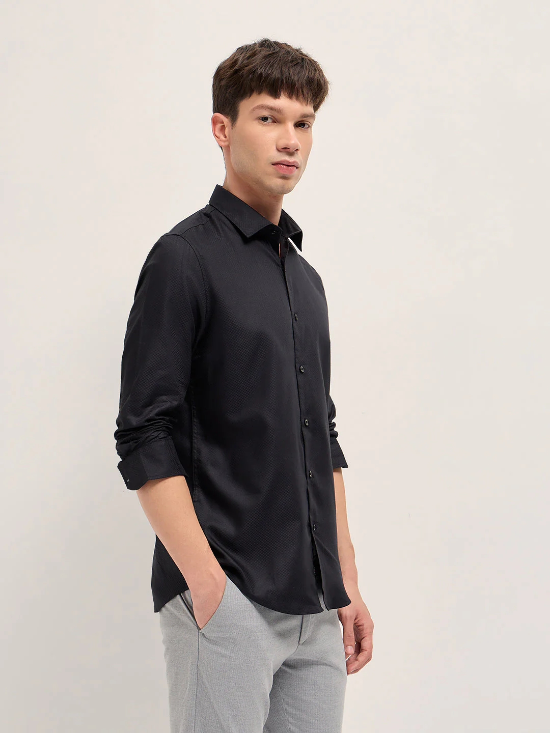 Men Black Woven Design Polyester Blend Tailored Fit Formal Shirt - Image 3