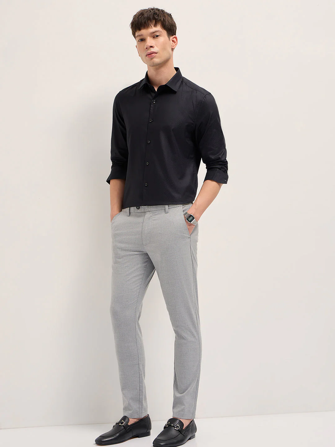 Men Black Woven Design Polyester Blend Tailored Fit Formal Shirt - Image 4