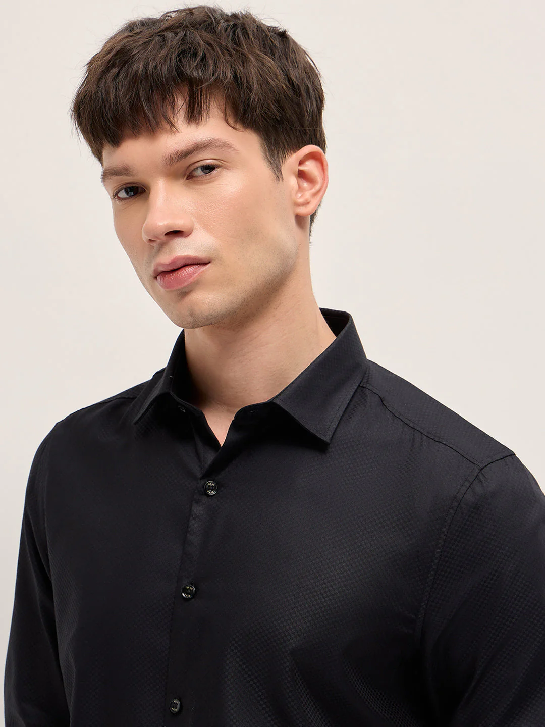 Men Black Woven Design Polyester Blend Tailored Fit Formal Shirt - Image 5