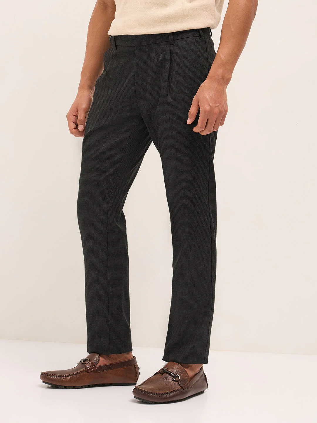 Men Black Woven Design Regular Fit Formal Trouser - Image 3