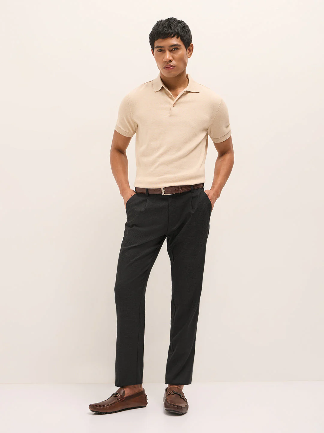 Men Black Woven Design Regular Fit Formal Trouser - Image 4
