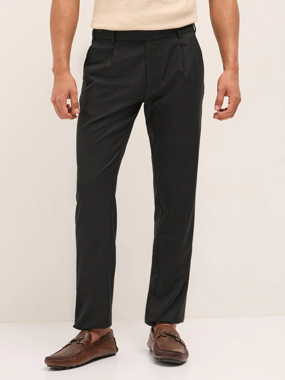 Men Black Woven Design Regular Fit Formal Trouser - Image 7