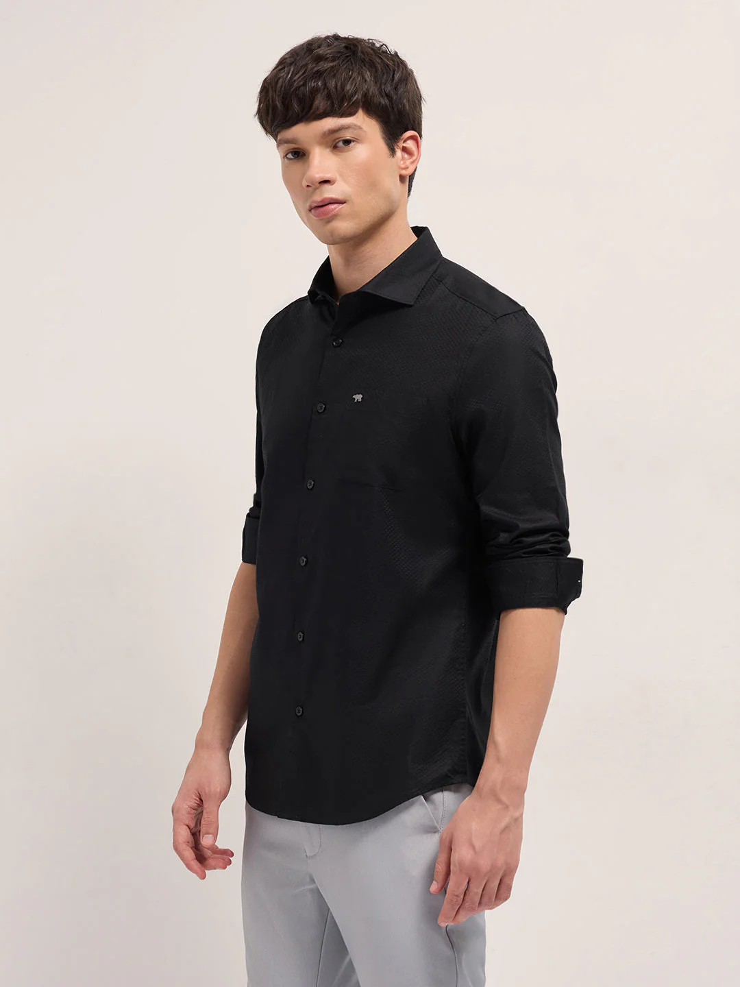 Men Black Woven Pattern Cotton Tailored Fit Formal Shirt - Image 3