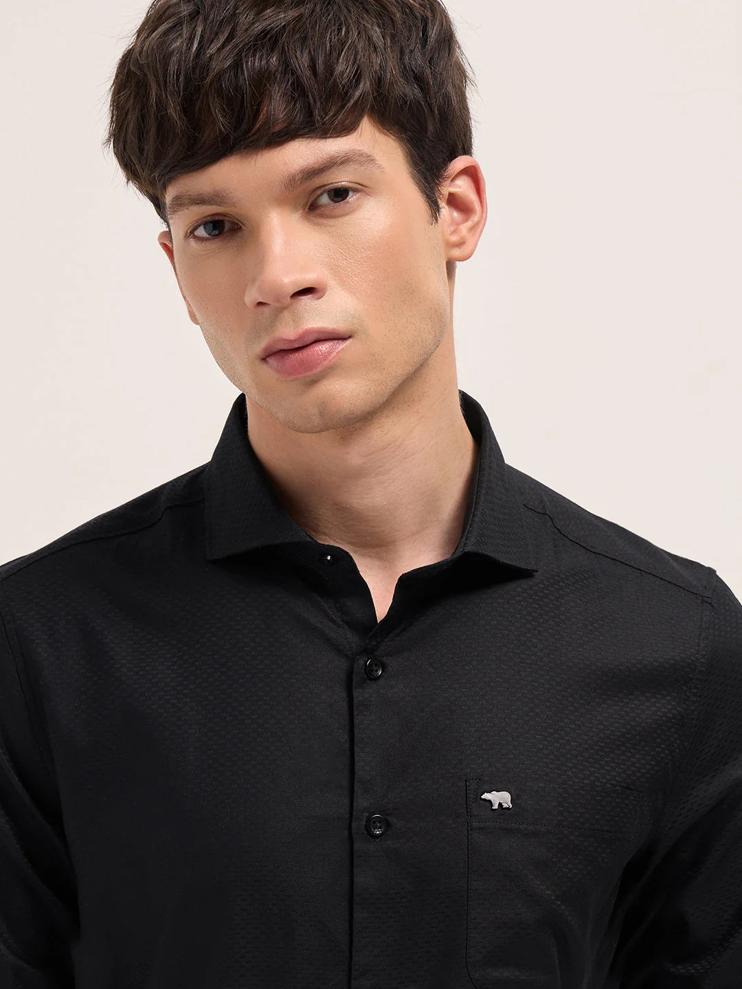 Men Black Woven Pattern Cotton Tailored Fit Formal Shirt - Image 5