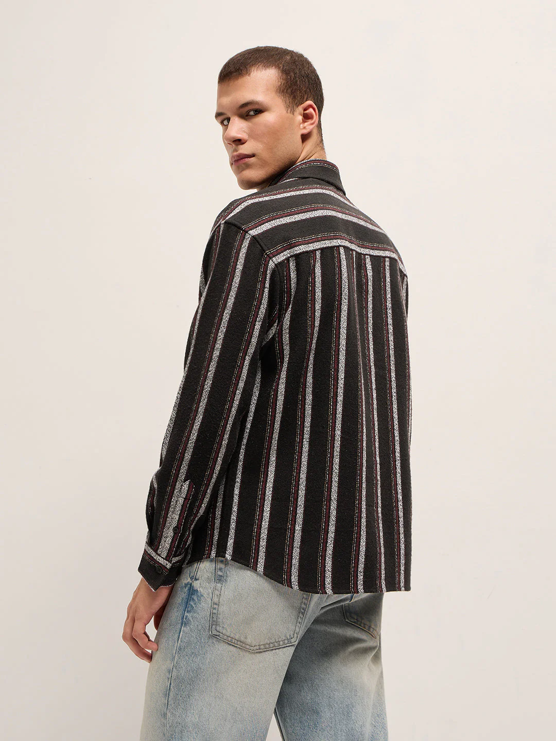Men Black Woven Vertical Stripe Design Relax Fit Overshirt - Image 2