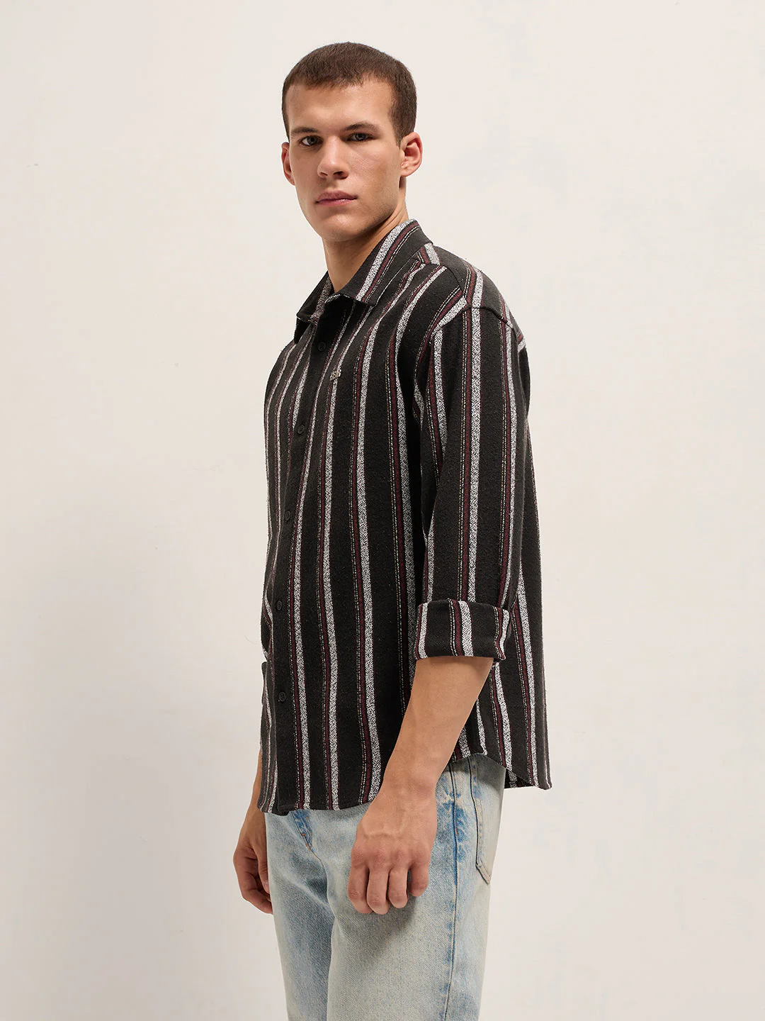 Men Black Woven Vertical Stripe Design Relax Fit Overshirt - Image 3