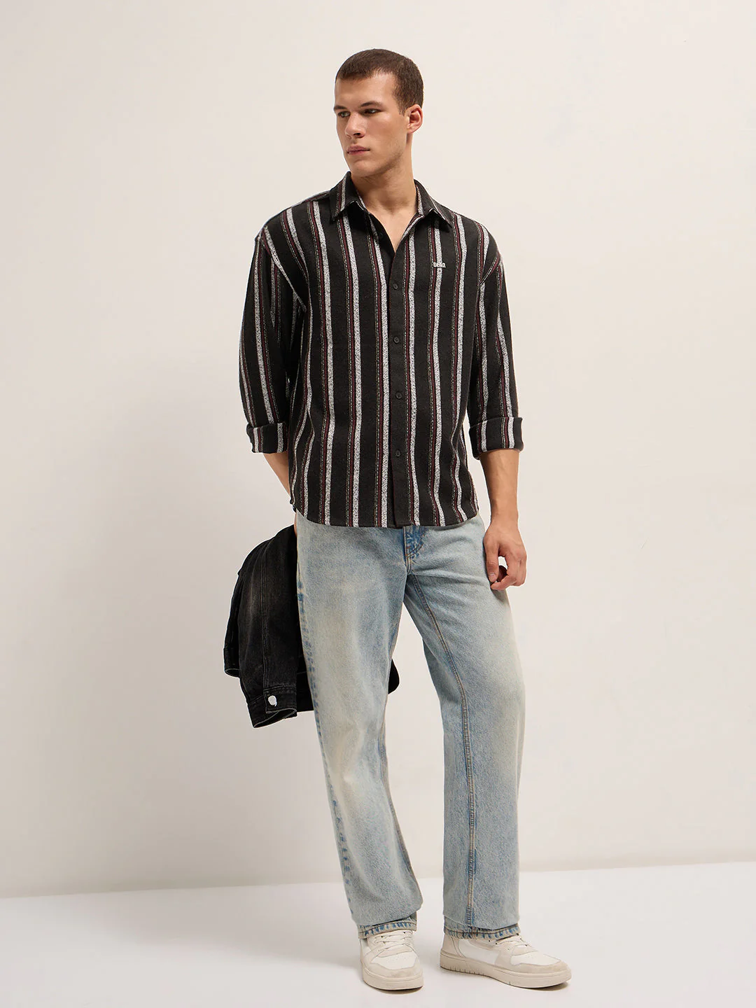 Men Black Woven Vertical Stripe Design Relax Fit Overshirt - Image 4