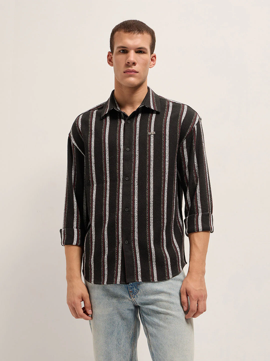 Men Black Woven Vertical Stripe Design Relax Fit Overshirt - Image 5