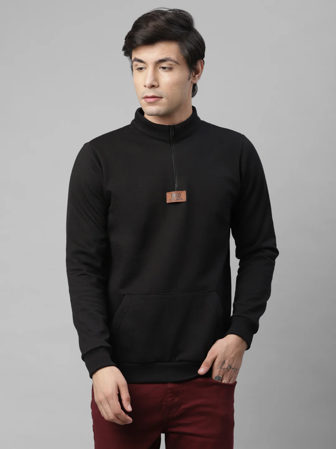 Men Black Zip-Up Fleece Sweatshirt - Image 2