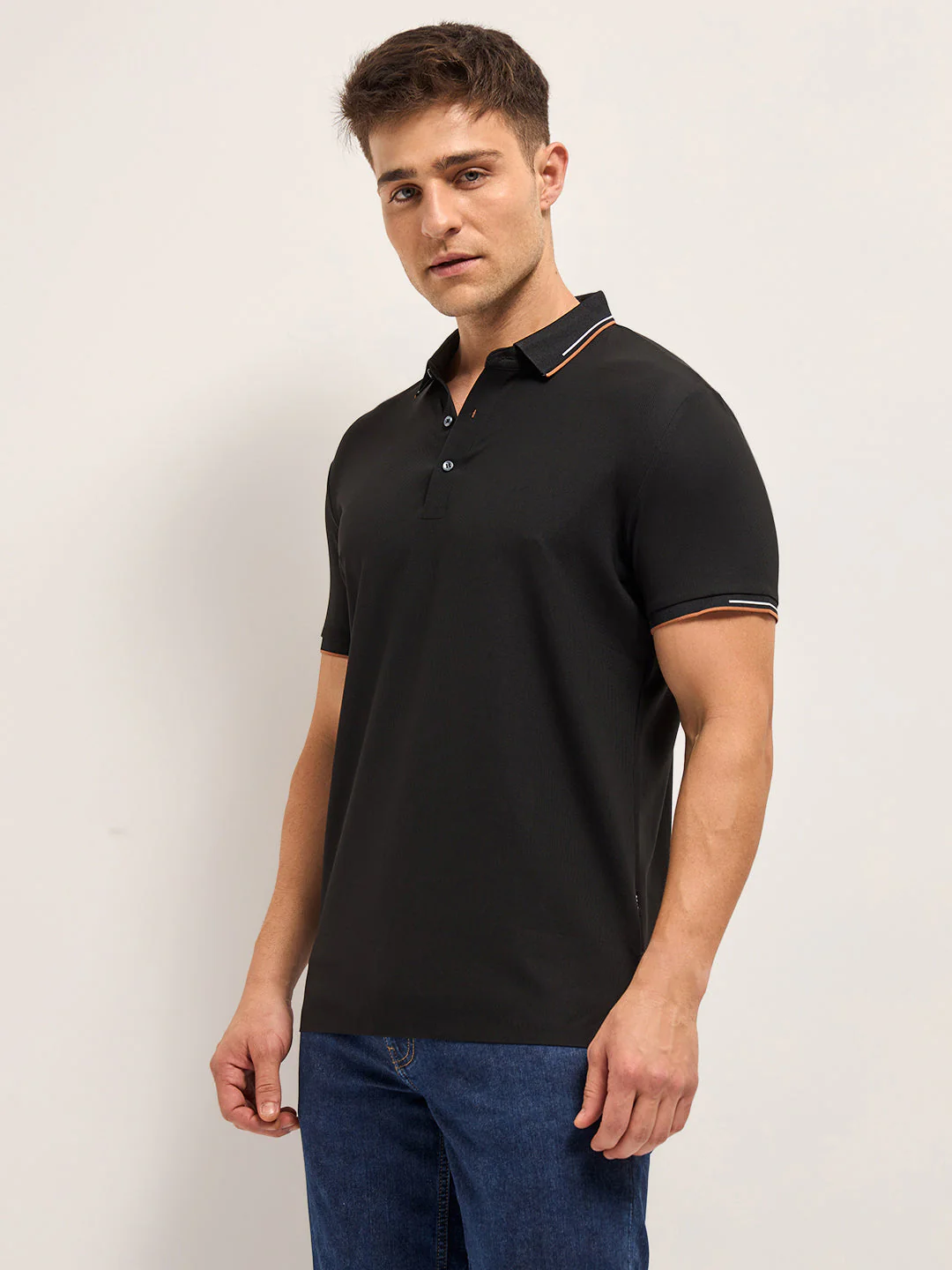 Men BlackContrast Piping Slim Fit Polo T-shirt - Image 3