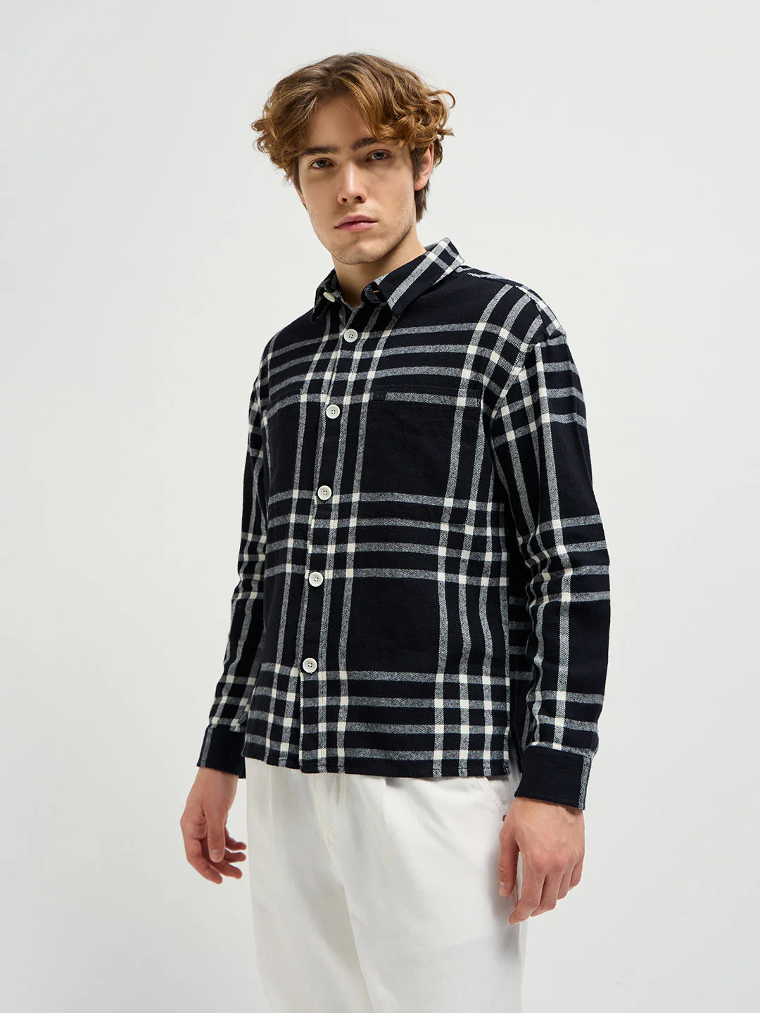 Men BlackWhite Checked Relaxed Fit Shacket - Image 3