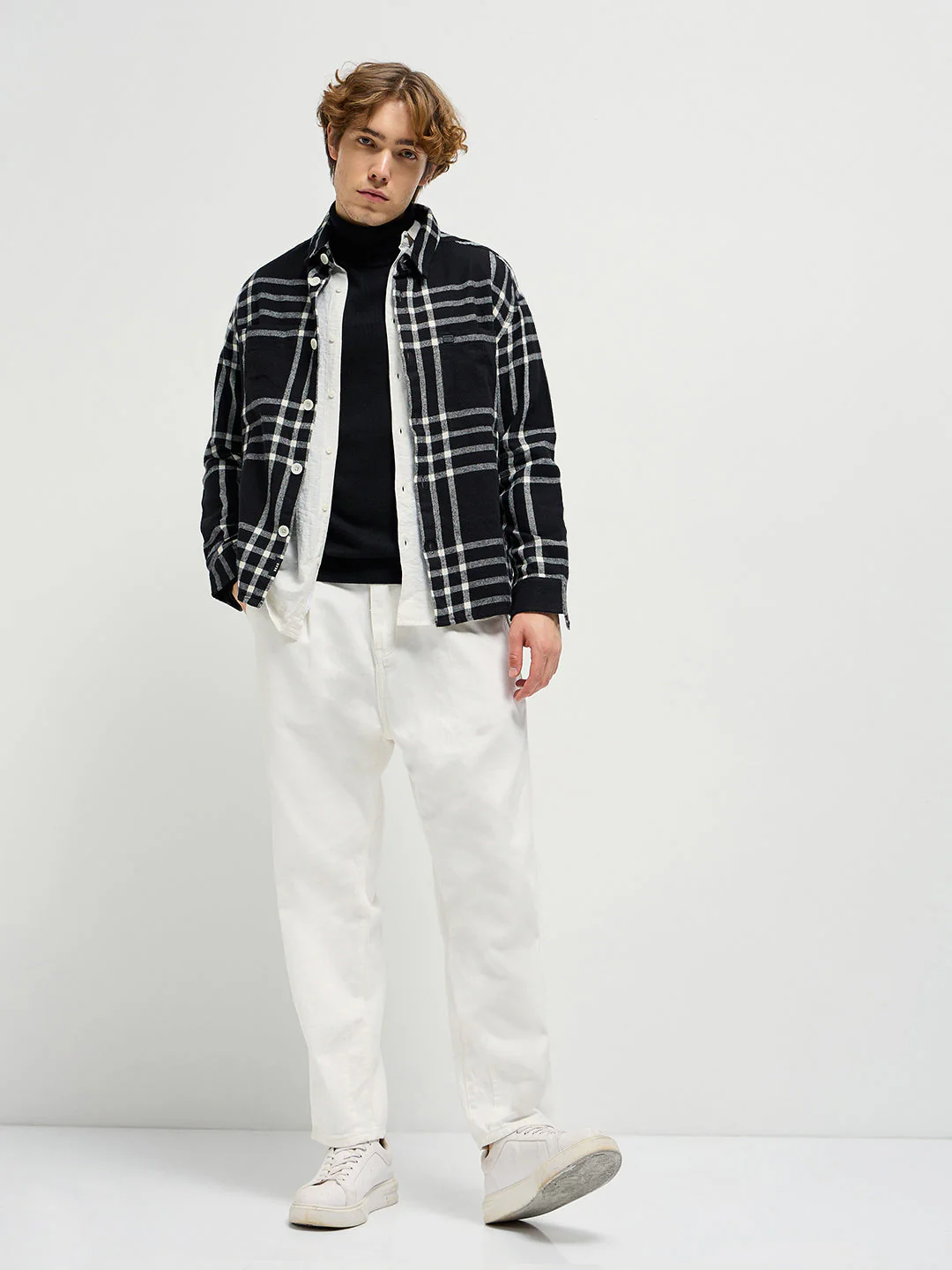 Men BlackWhite Checked Relaxed Fit Shacket - Image 4