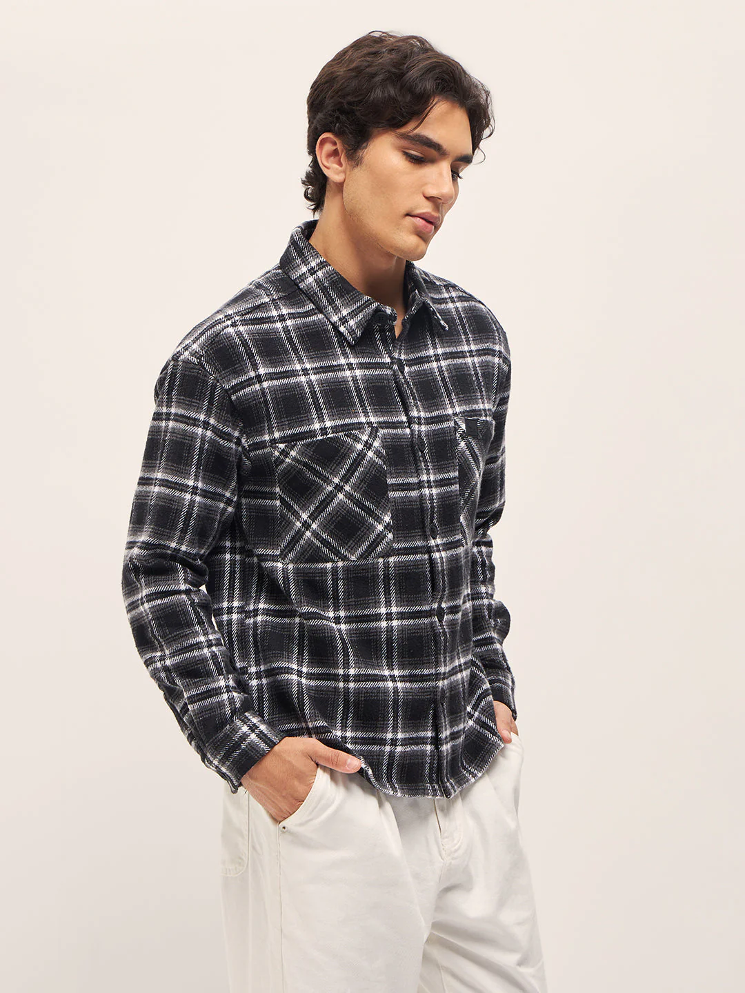 Men BlackWhite Checked Relaxed Fit Shacket - Image 3