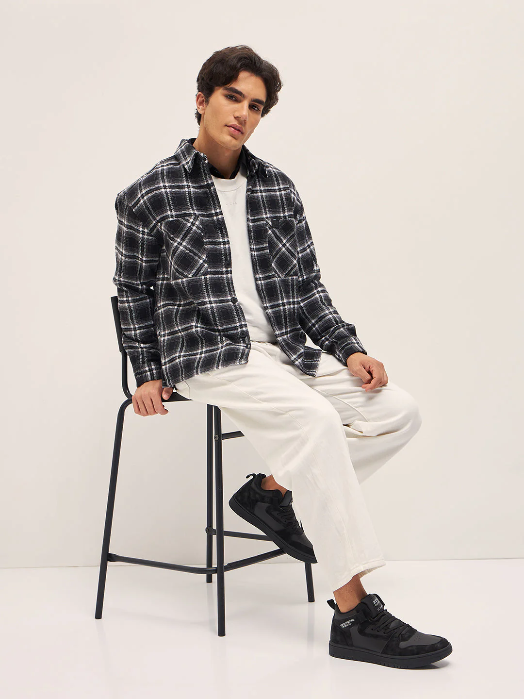 Men BlackWhite Checked Relaxed Fit Shacket - Image 5