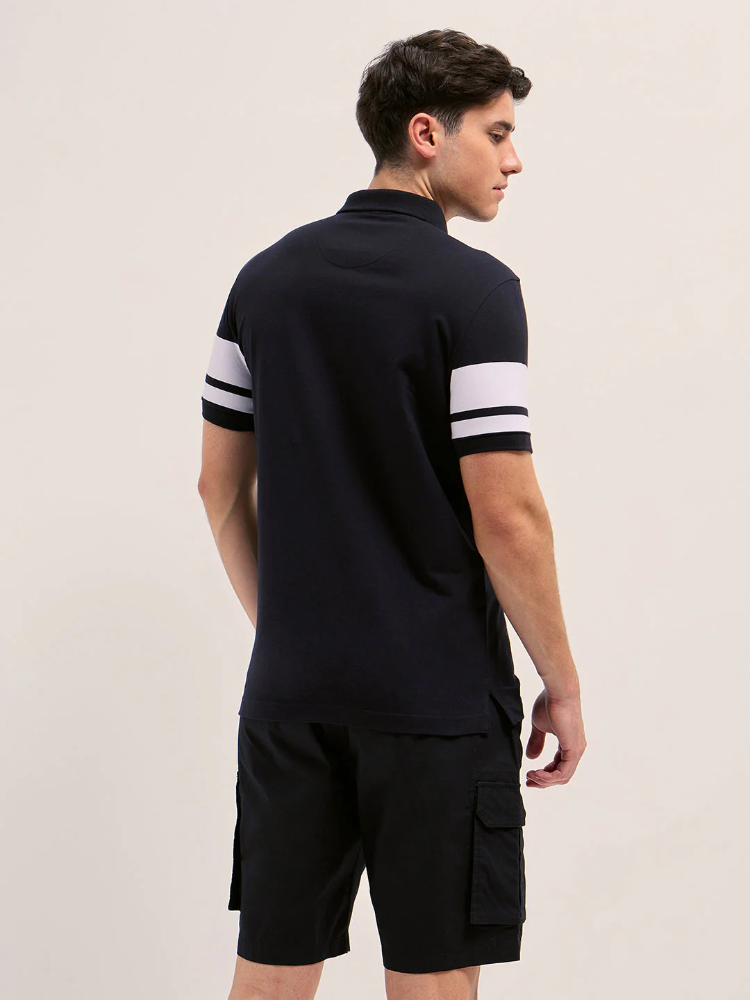 Men BlackWhite Stripes Regular Fit Polo T-shirt - Image 2
