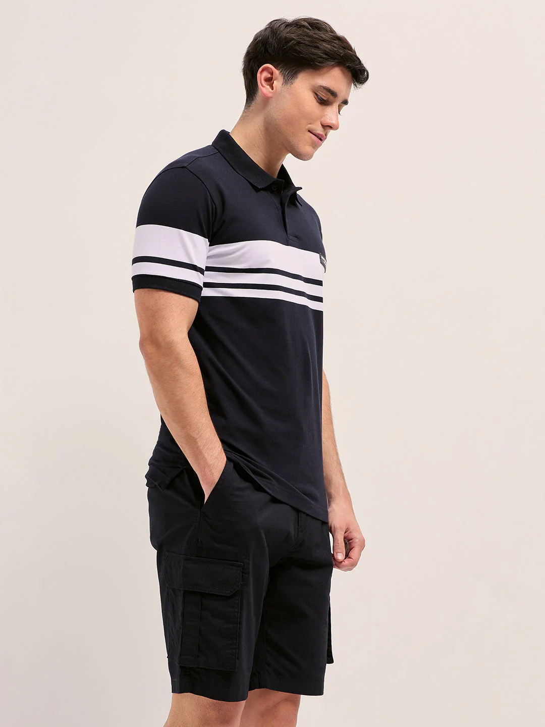 Men BlackWhite Stripes Regular Fit Polo T-shirt - Image 3