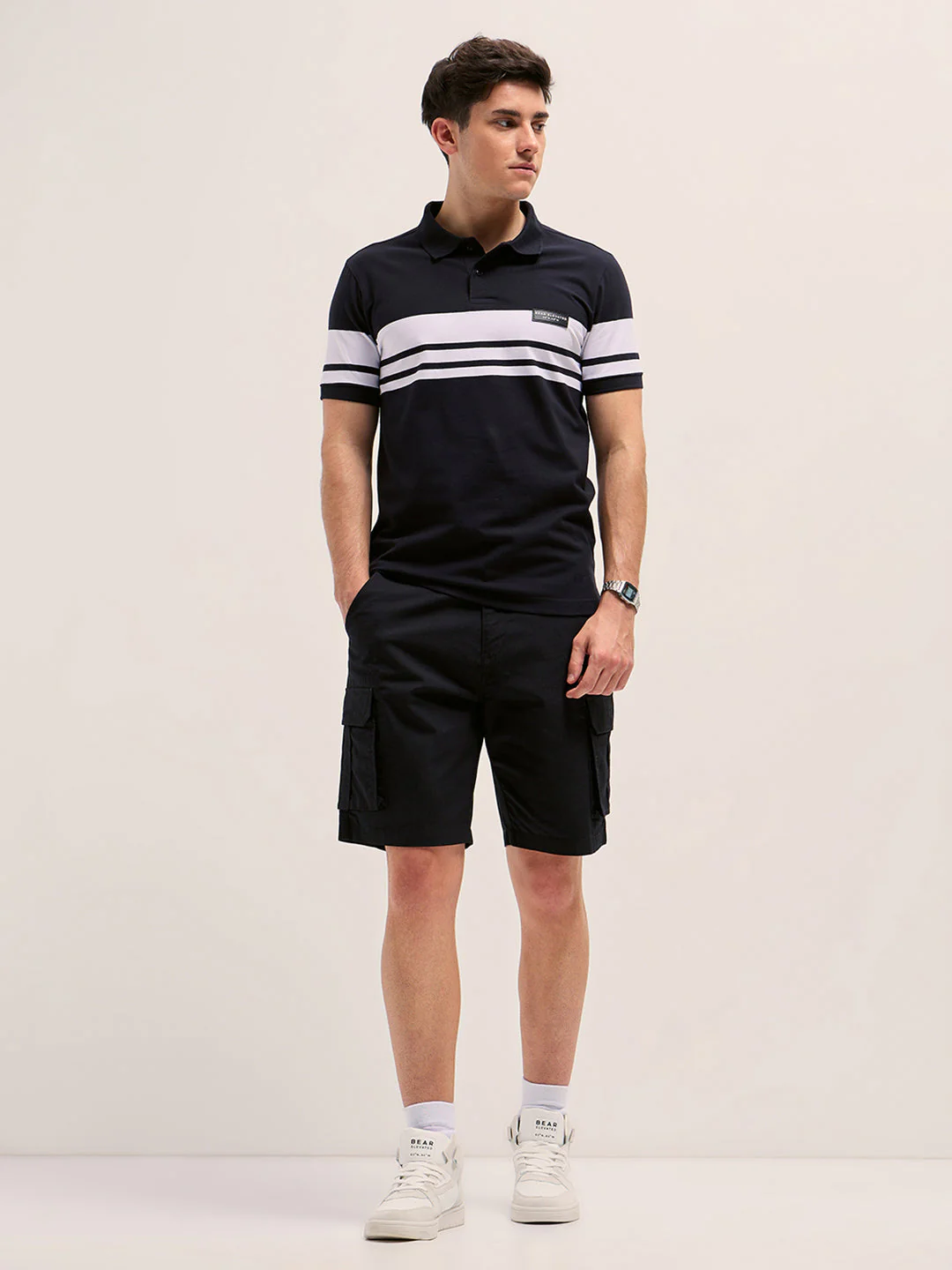 Men BlackWhite Stripes Regular Fit Polo T-shirt - Image 4