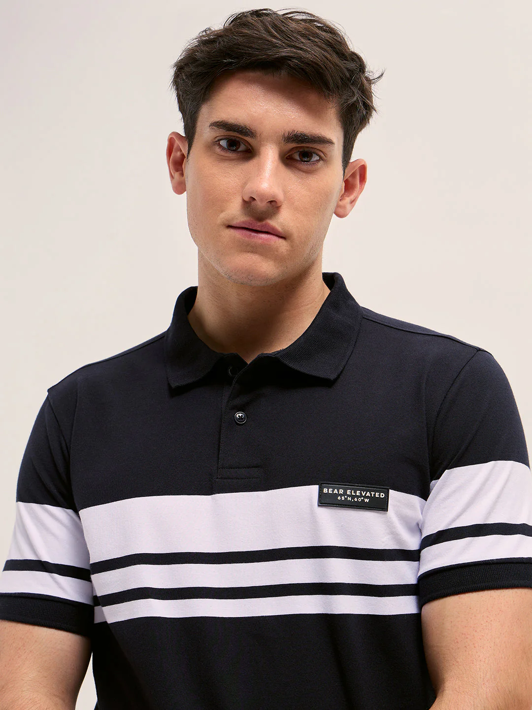 Men BlackWhite Stripes Regular Fit Polo T-shirt - Image 5