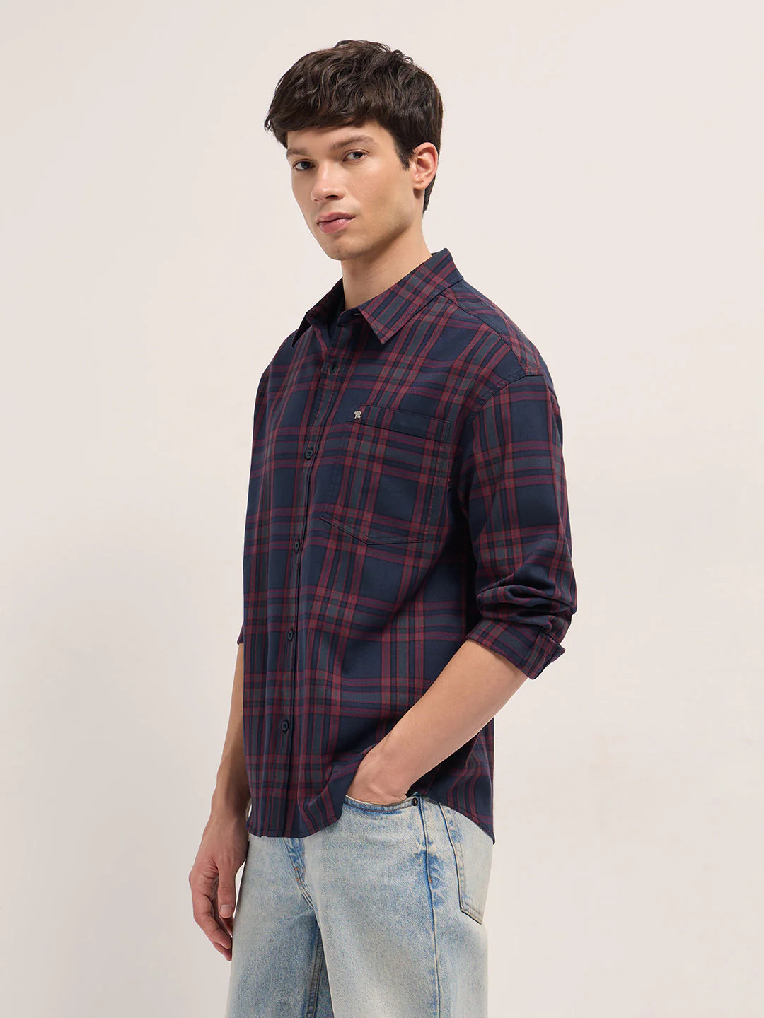 Men Blue and Red Checked Cotton blend Relaxed Fit Overshirt - Image 3
