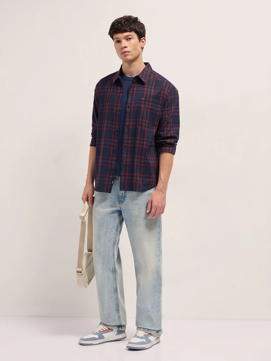 Men Blue and Red Checked Cotton blend Relaxed Fit Overshirt - Image 4