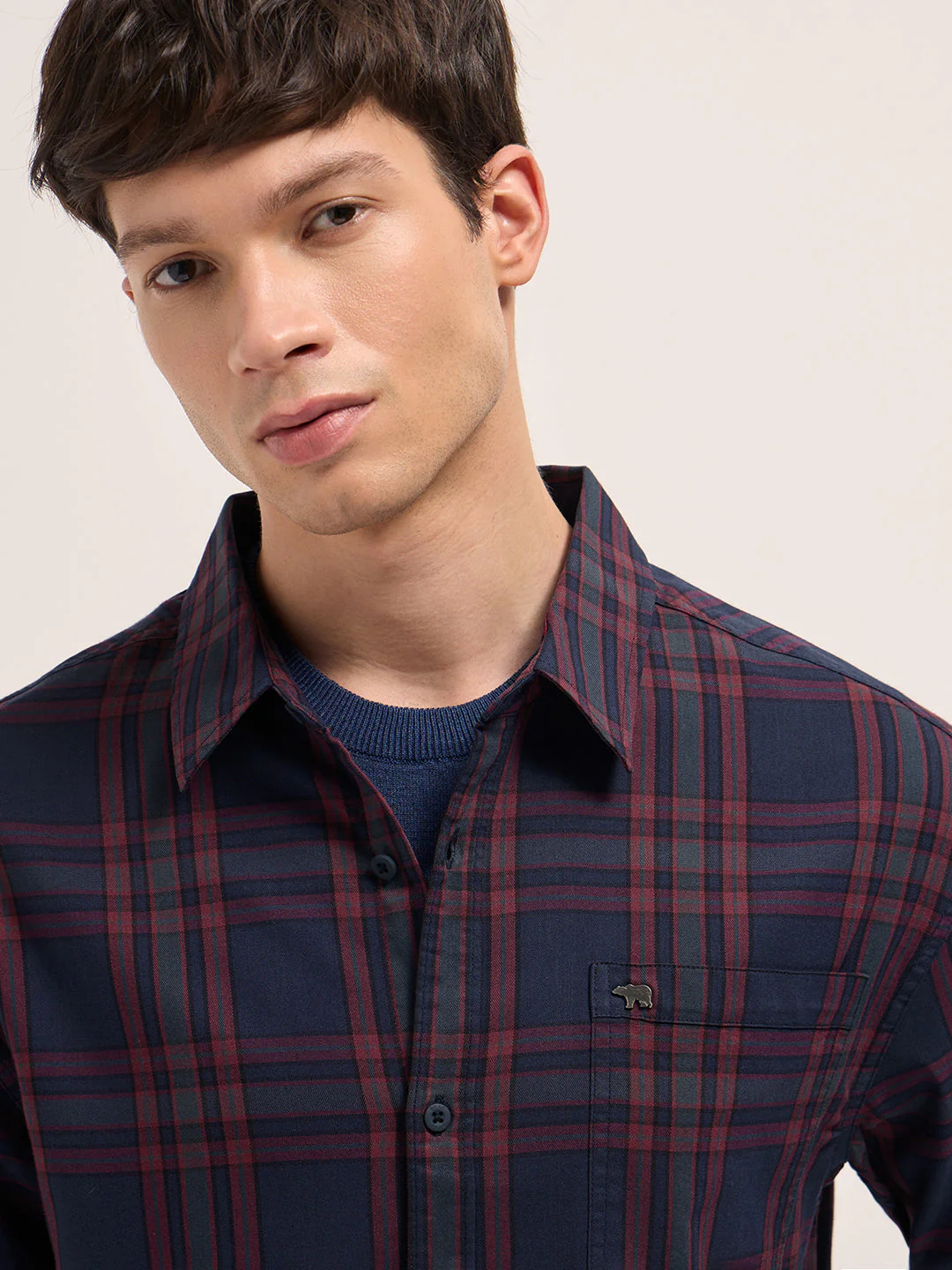 Men Blue and Red Checked Cotton blend Relaxed Fit Overshirt - Image 5