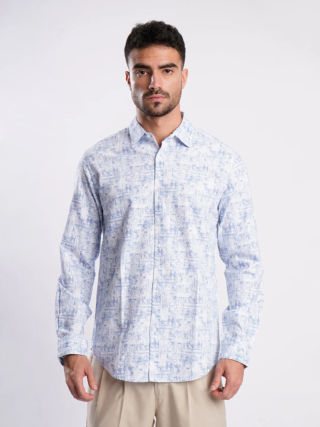 Men Blue and White Abstract printed Shirt - Image 2