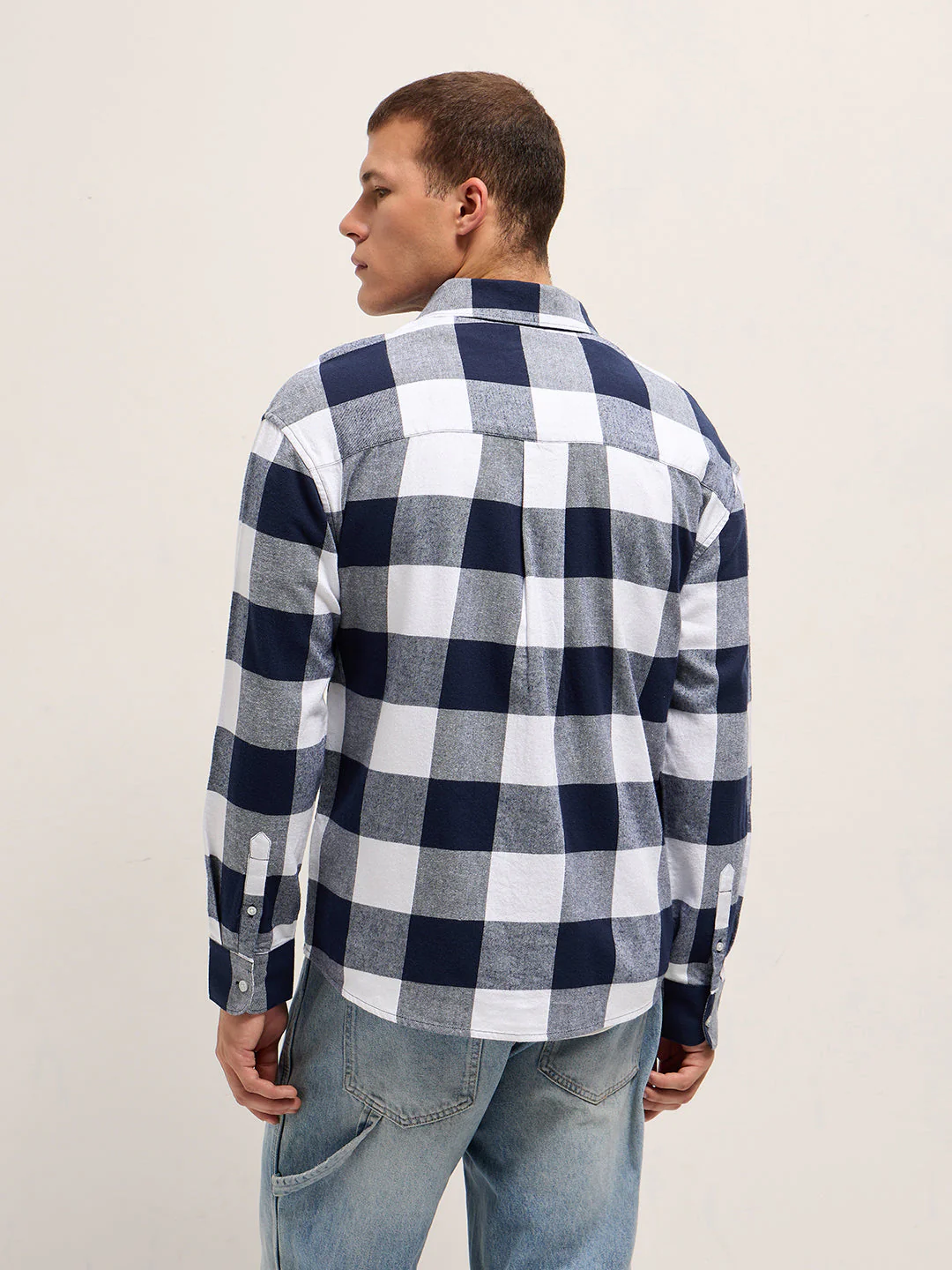 Men Blue and White Buffalo Check Relaxed Fit Casual Shirt - Image 2