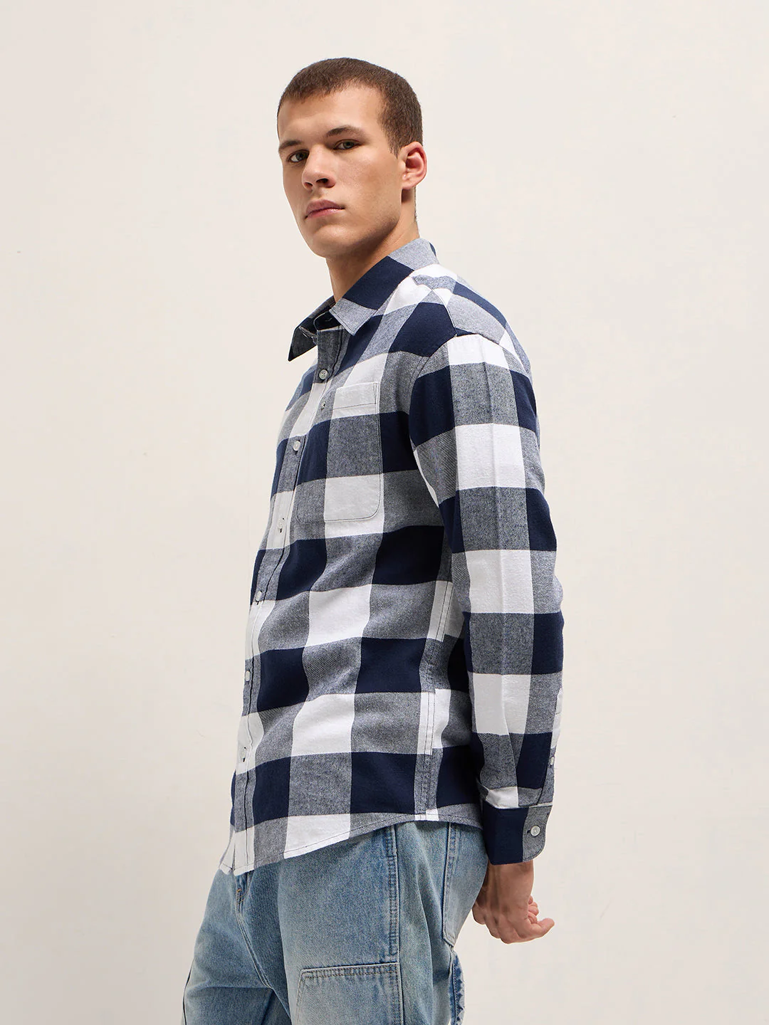 Men Blue and White Buffalo Check Relaxed Fit Casual Shirt - Image 3