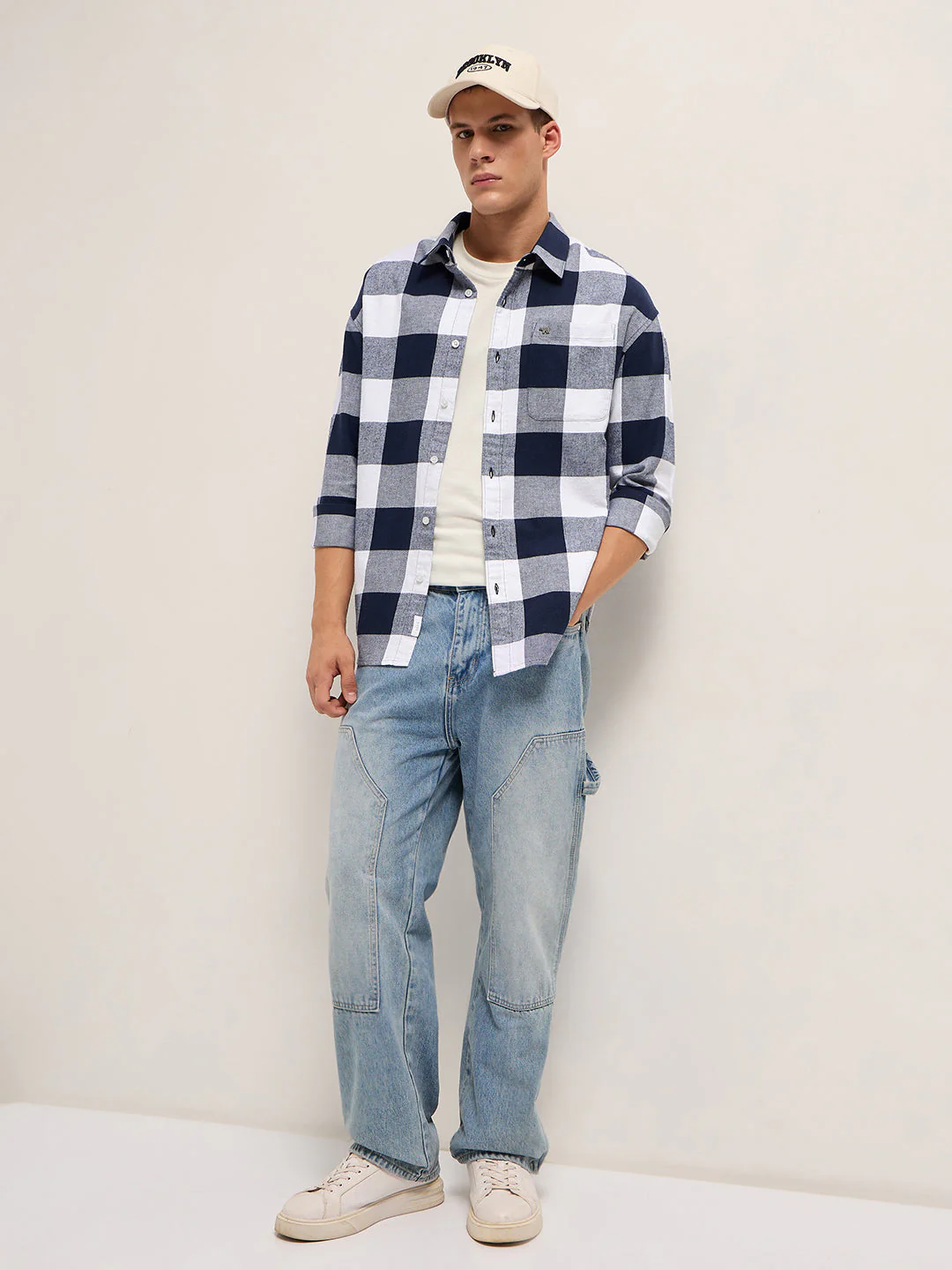 Men Blue and White Buffalo Check Relaxed Fit Casual Shirt - Image 4