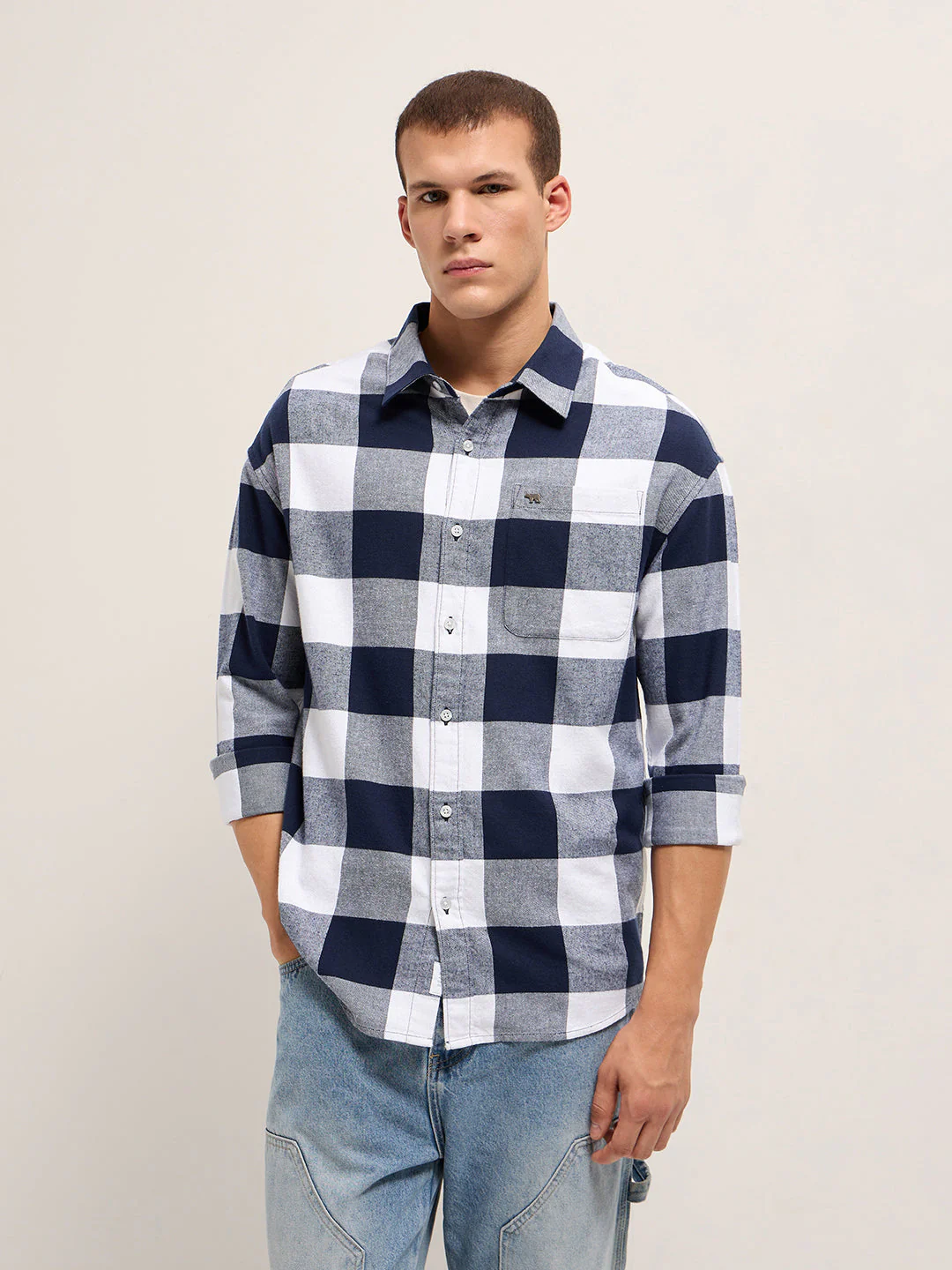 Men Blue and White Buffalo Check Relaxed Fit Casual Shirt - Image 5