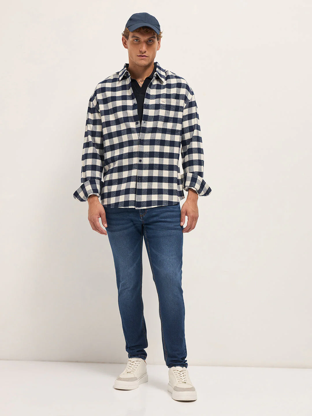 Men Blue and White Checked Cotton Relaxed Fit Casual Shirt - Image 4