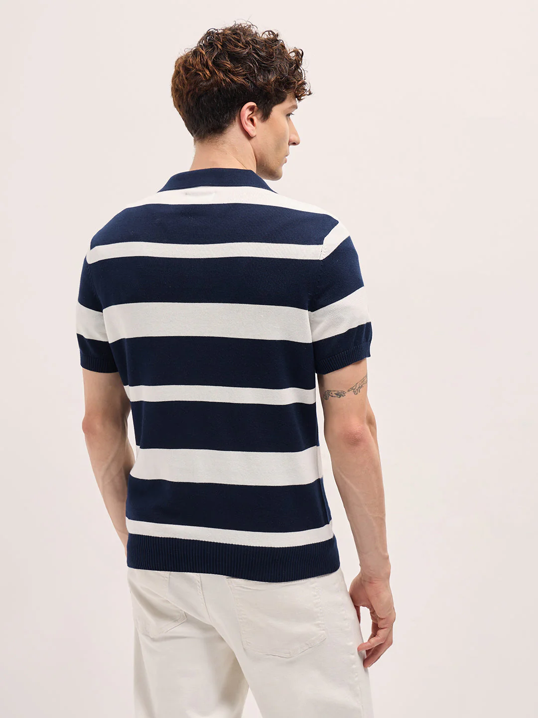 Men Blue and White Horizontal Stripes Slim Fit Polo - Image 2