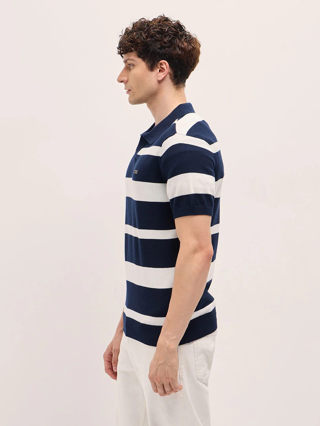 Men Blue and White Horizontal Stripes Slim Fit Polo - Image 3