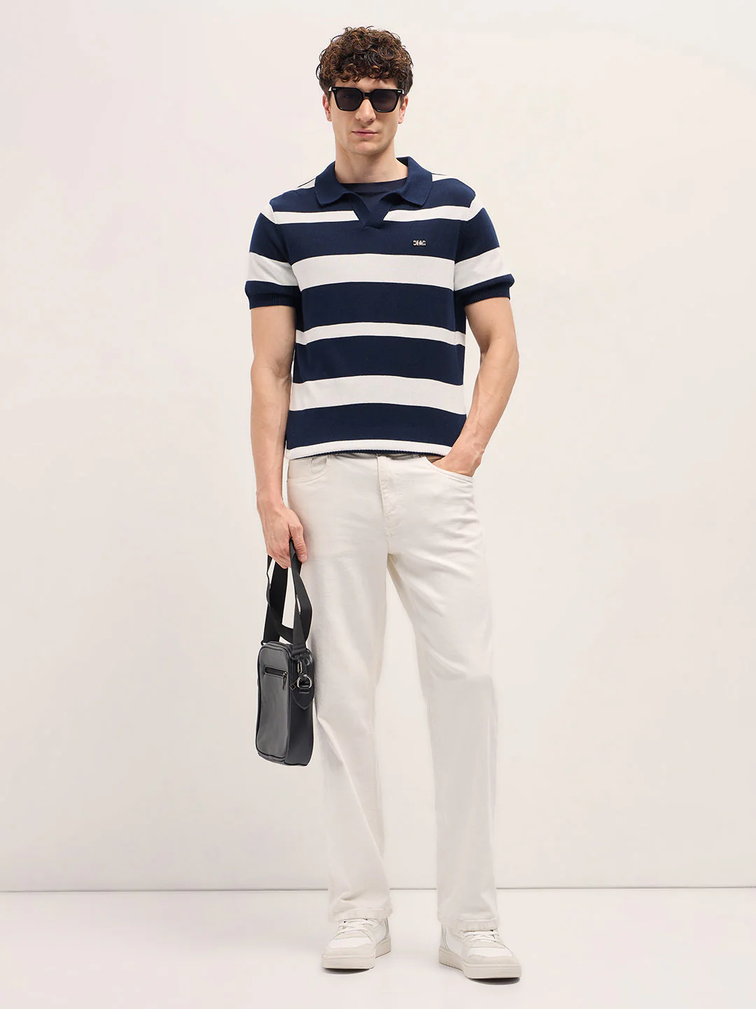 Men Blue and White Horizontal Stripes Slim Fit Polo - Image 4