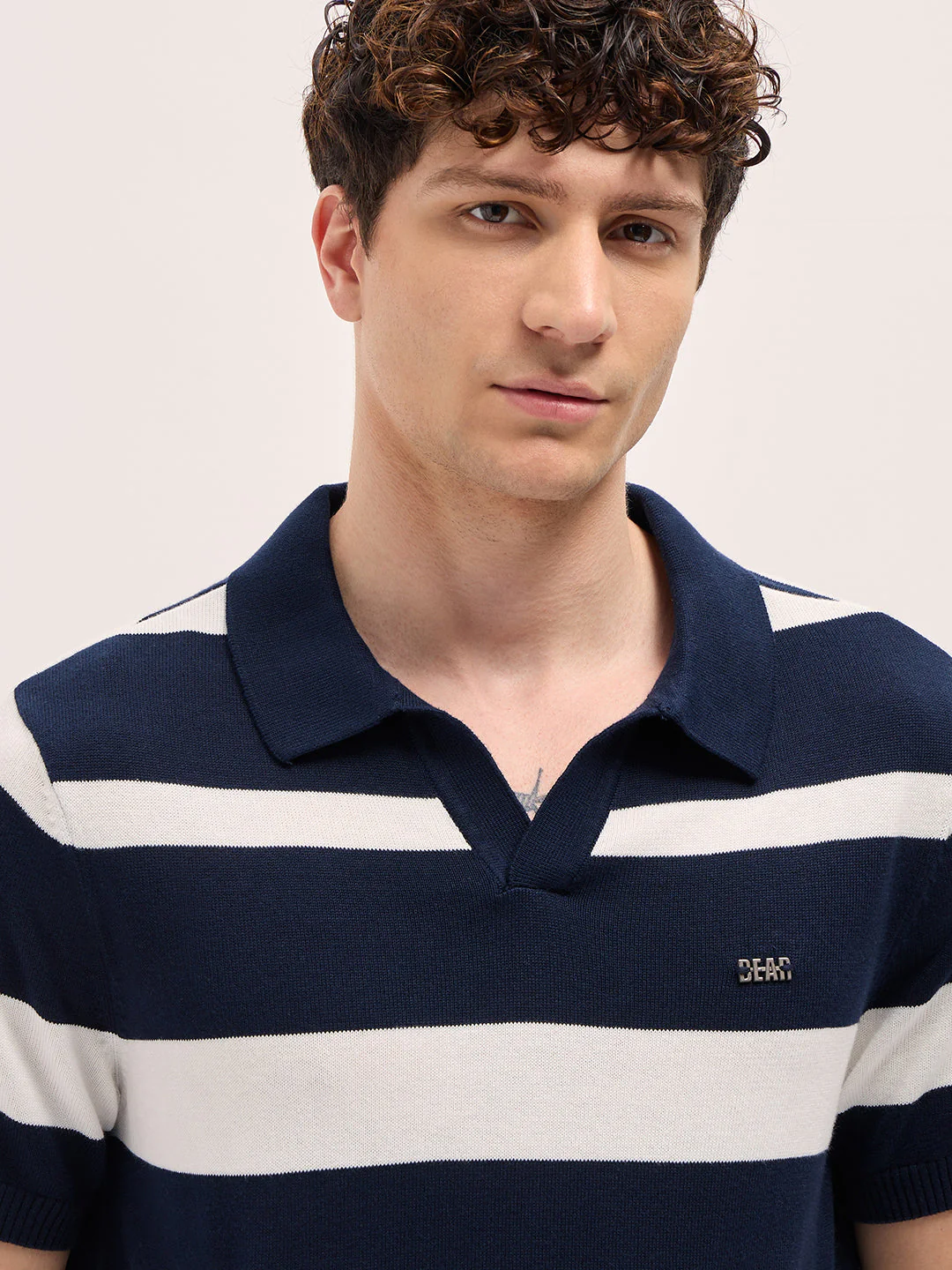 Men Blue and White Horizontal Stripes Slim Fit Polo - Image 5