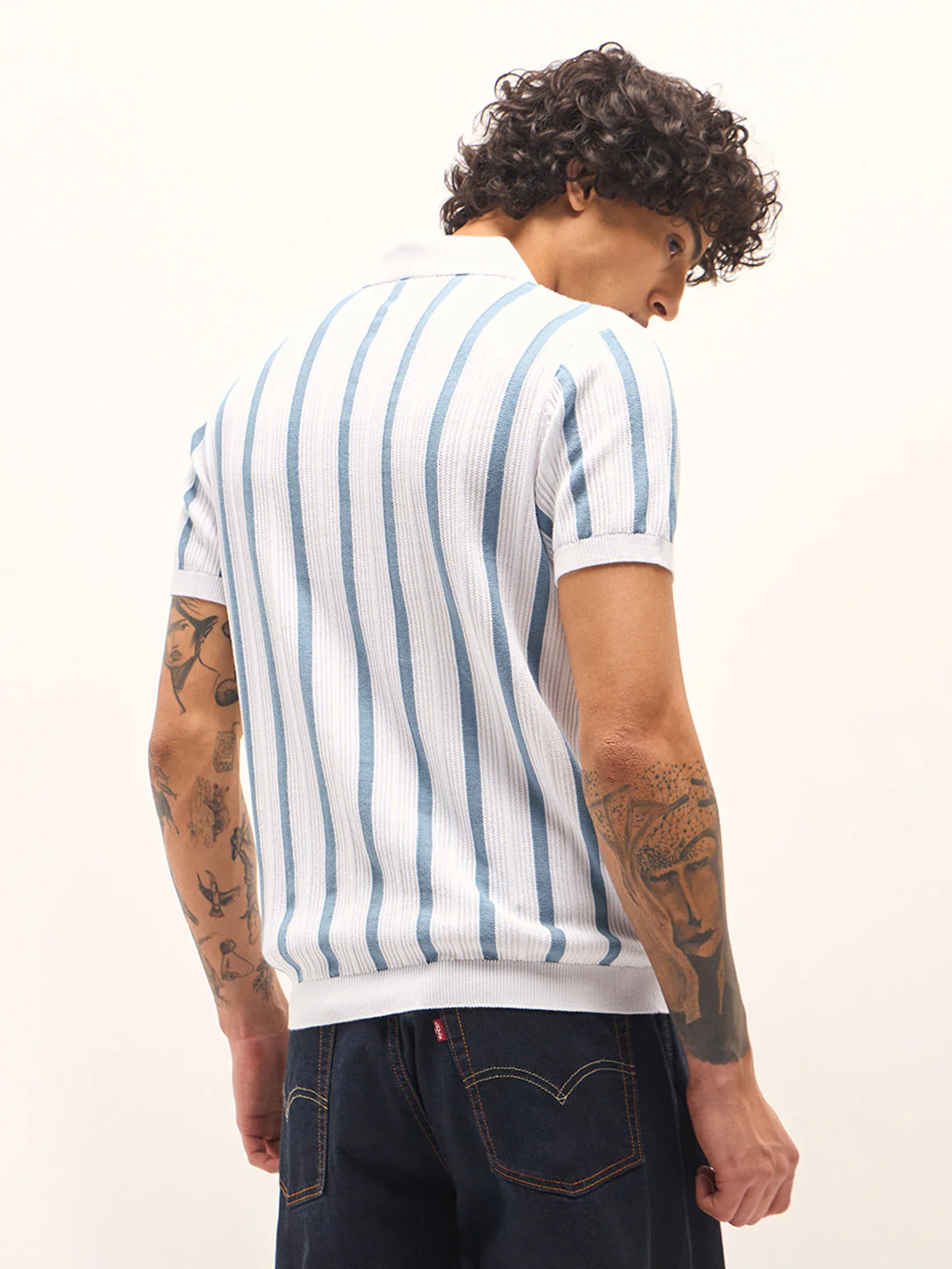 Men Blue and White Striped Slim Fit Polo - Image 2