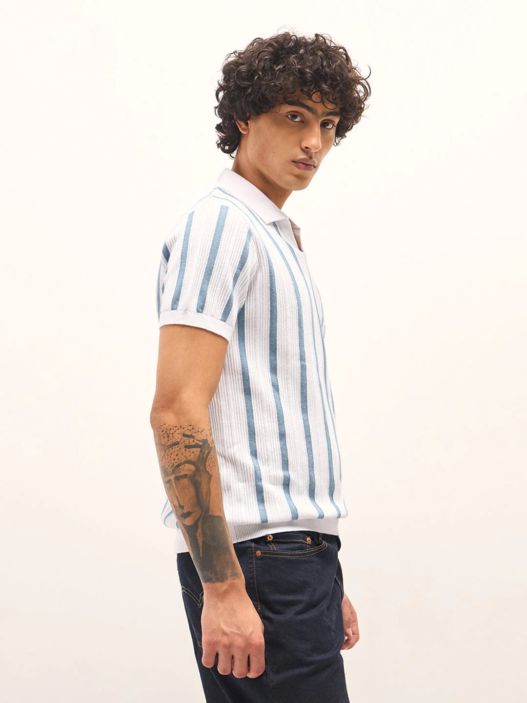 Men Blue and White Striped Slim Fit Polo - Image 3
