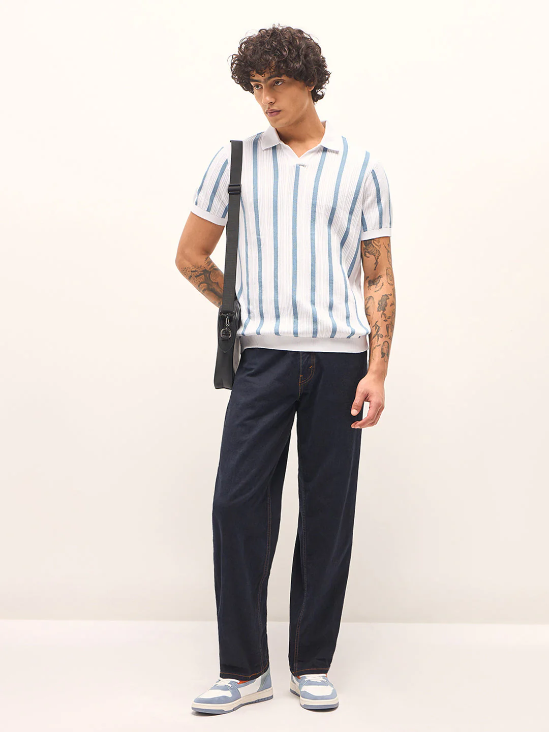 Men Blue and White Striped Slim Fit Polo - Image 4