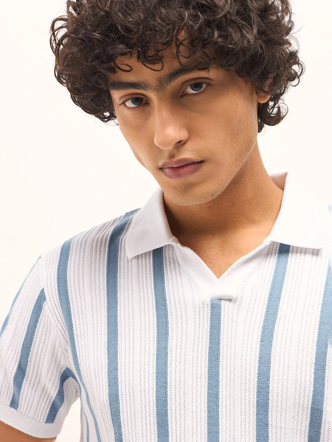 Men Blue and White Striped Slim Fit Polo - Image 5