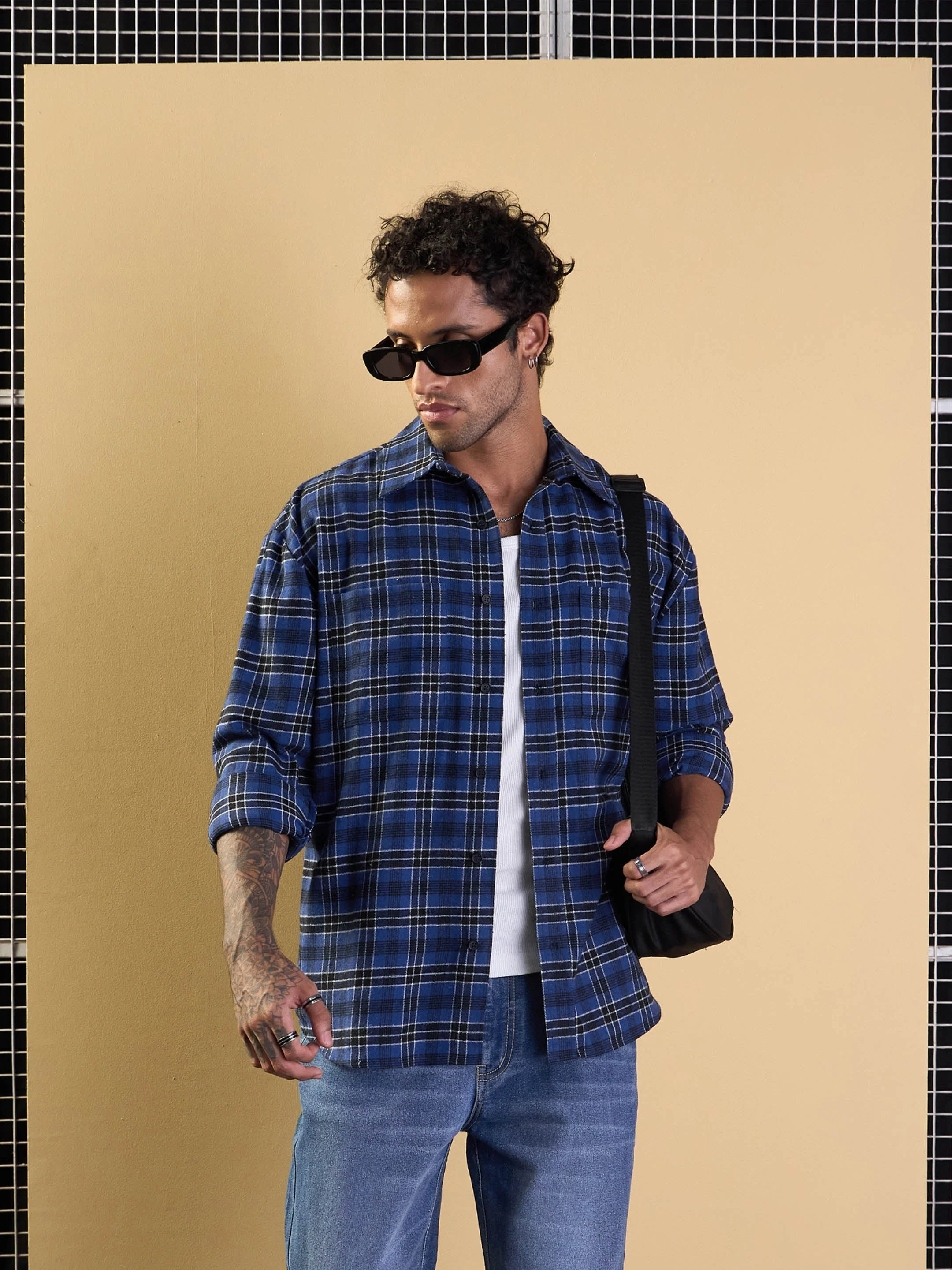 Men Blue & Black Check Patch Pocket Oversize Shirt - Image 2