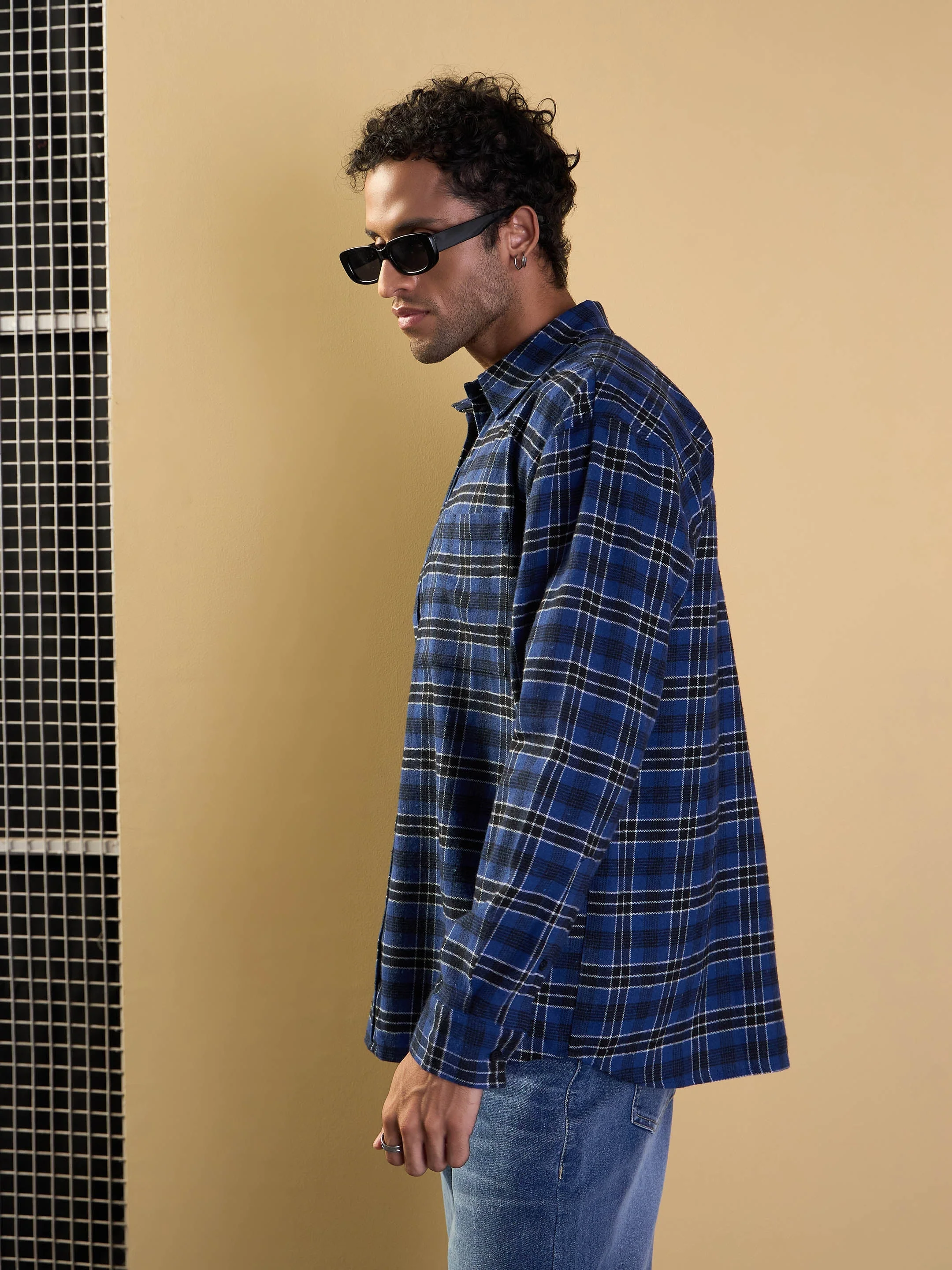 Men Blue & Black Check Patch Pocket Oversize Shirt - Image 3