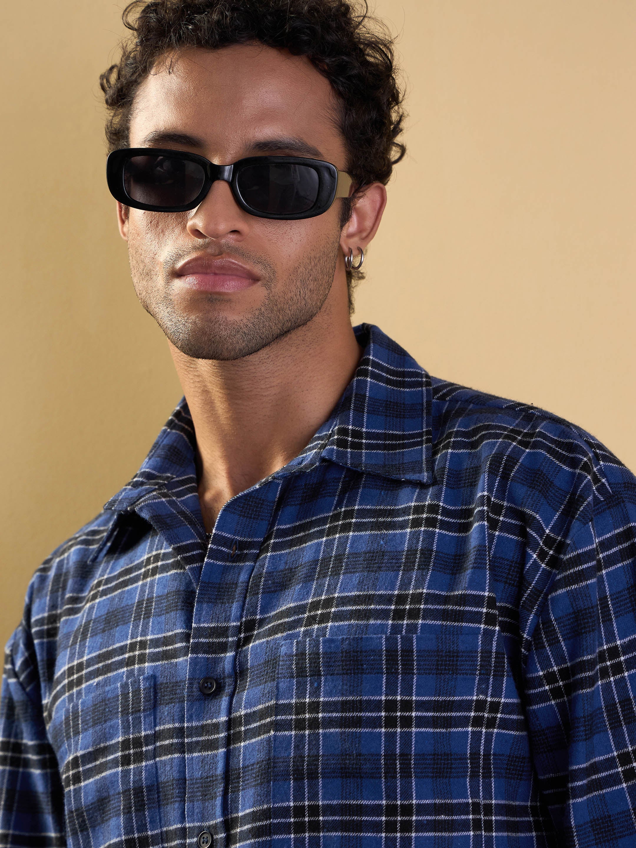 Men Blue & Black Check Patch Pocket Oversize Shirt - Image 4